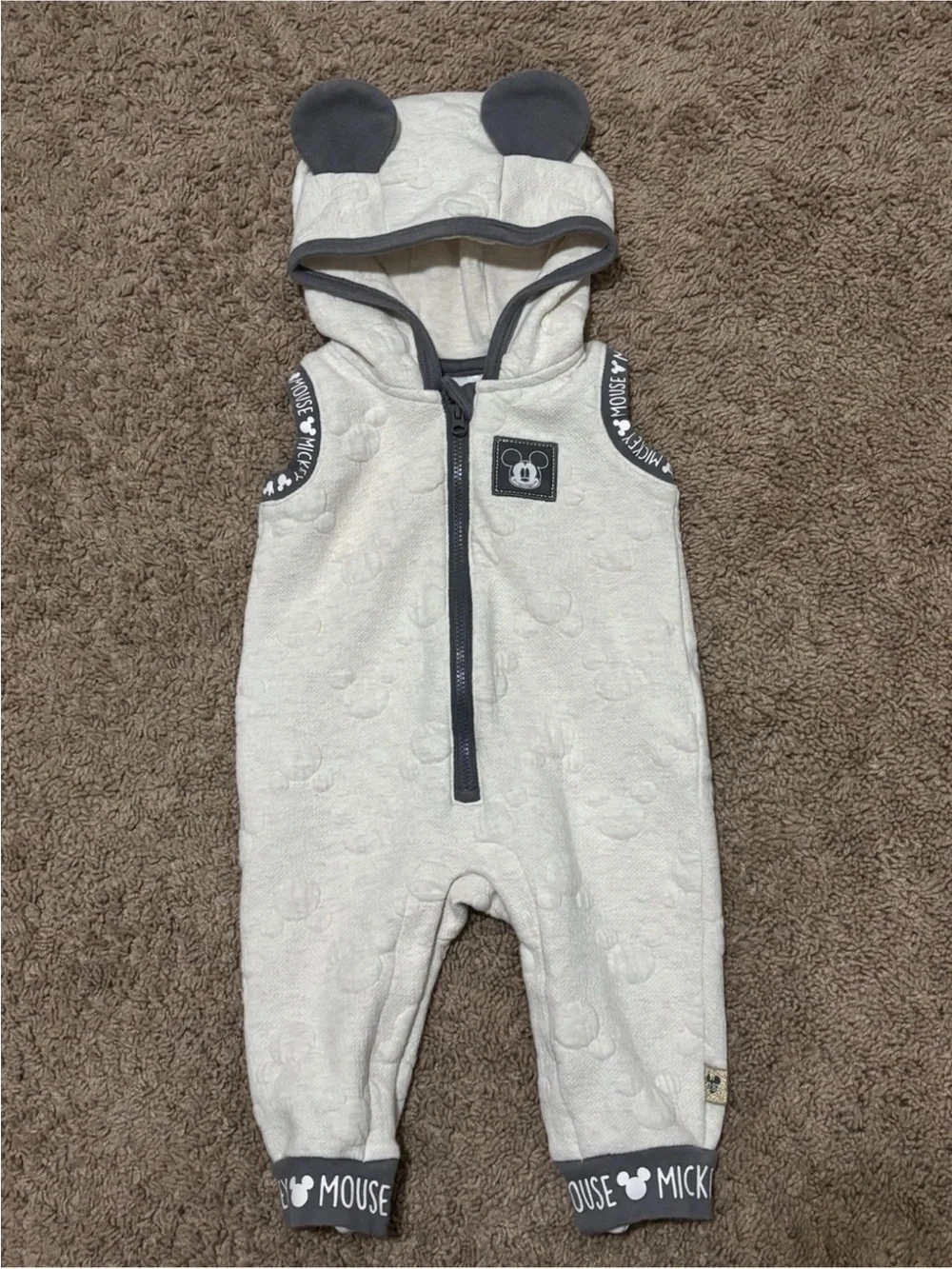 Disney Cream and Gray Mickey Hooded Infant Romper